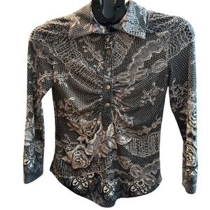 Paris IQ Women Black White Floral Lace Print Ruched Button Front Blouse Small